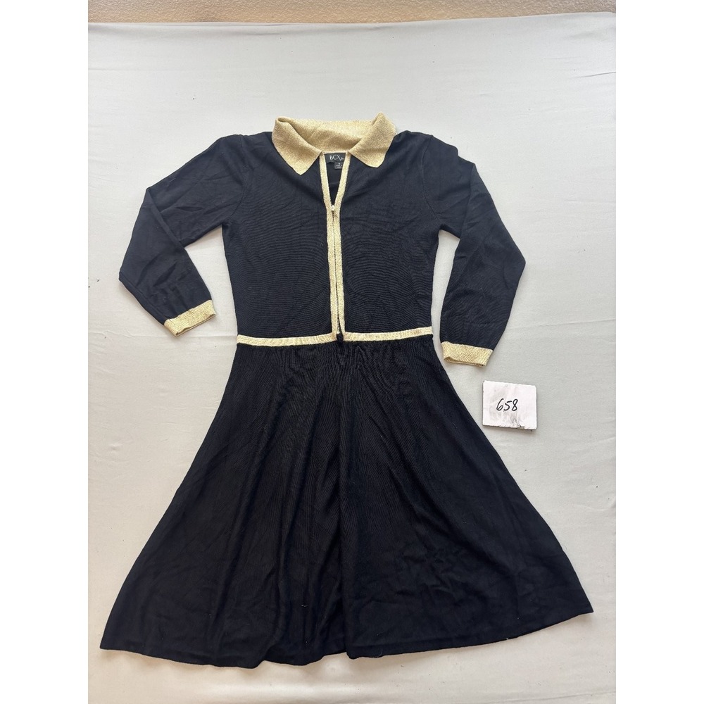 BCX Womens Black Gold Knit Collared Zip Front Fit & Flare Dress M Long Sleeve
